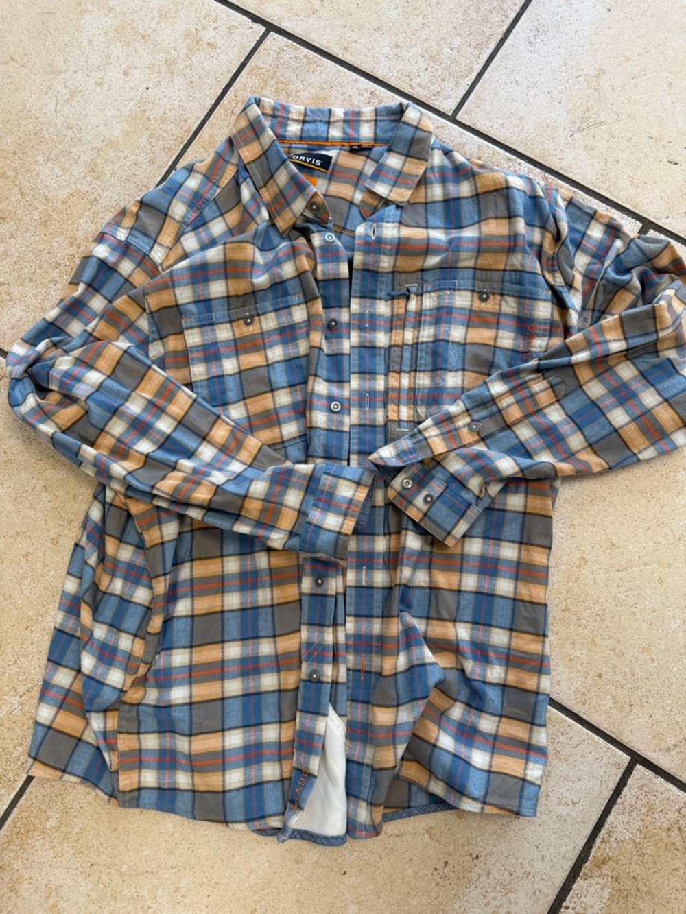 Orvis Blue, Tan and Gray Plaid Long-Sleeve Button-Down Shirt